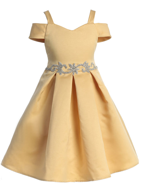 Satin Flower Girl Dress with Cold Shoulder and Pleated Skirt, Sizes 2-14 - SophiasStyle.com